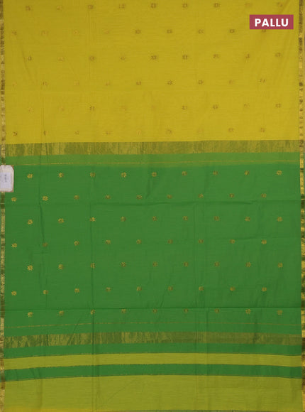 Semi maheswari cotton saree yellow and light green with zari woven buttas and small zari woven border