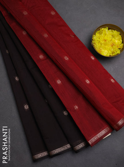 Semi maheswari cotton saree dark coffee brown and maroon with zari woven buttas and small zari woven border
