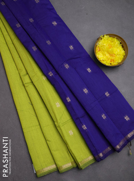 Semi maheswari cotton saree lime green and blue with zari woven buttas and small zari woven border