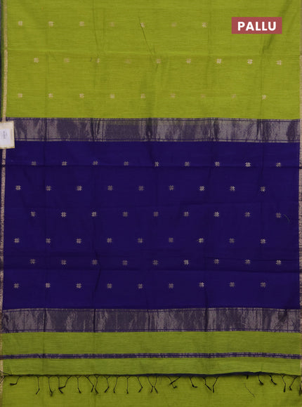 Semi maheswari cotton saree lime green and blue with zari woven buttas and small zari woven border