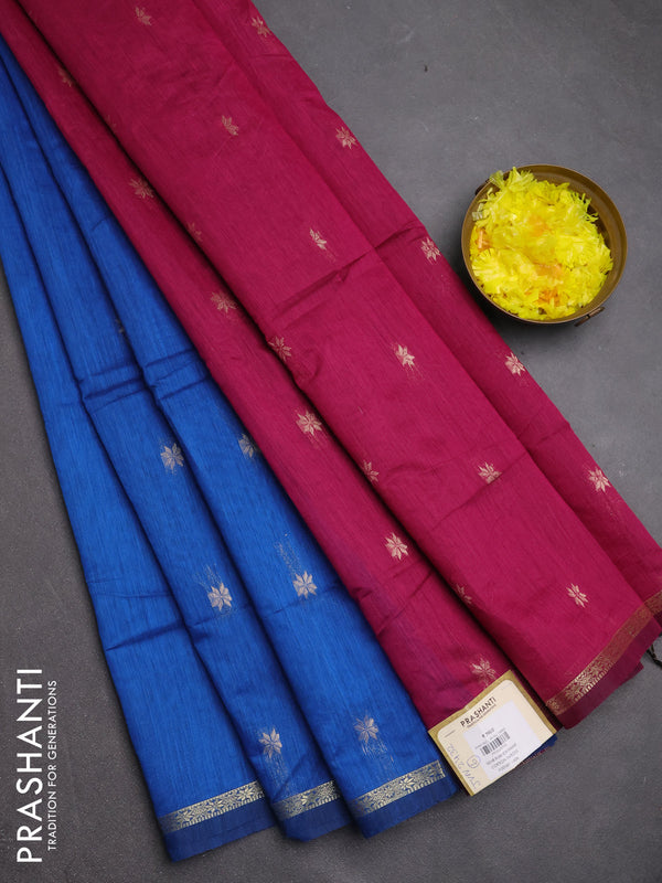 Semi maheswari cotton saree blue and pink with zari woven buttas and small zari woven border