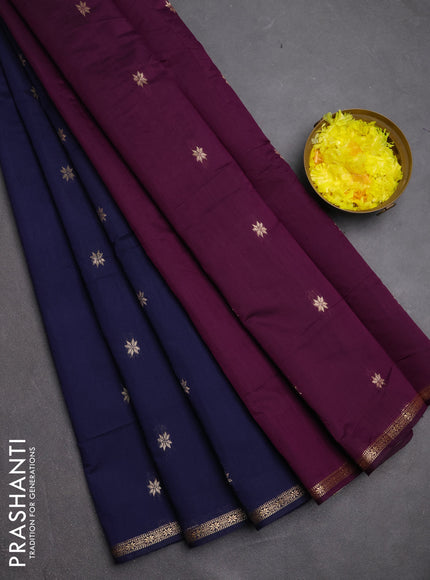 Semi maheswari cotton saree navy blue and deep purple with zari woven buttas and small zari woven border