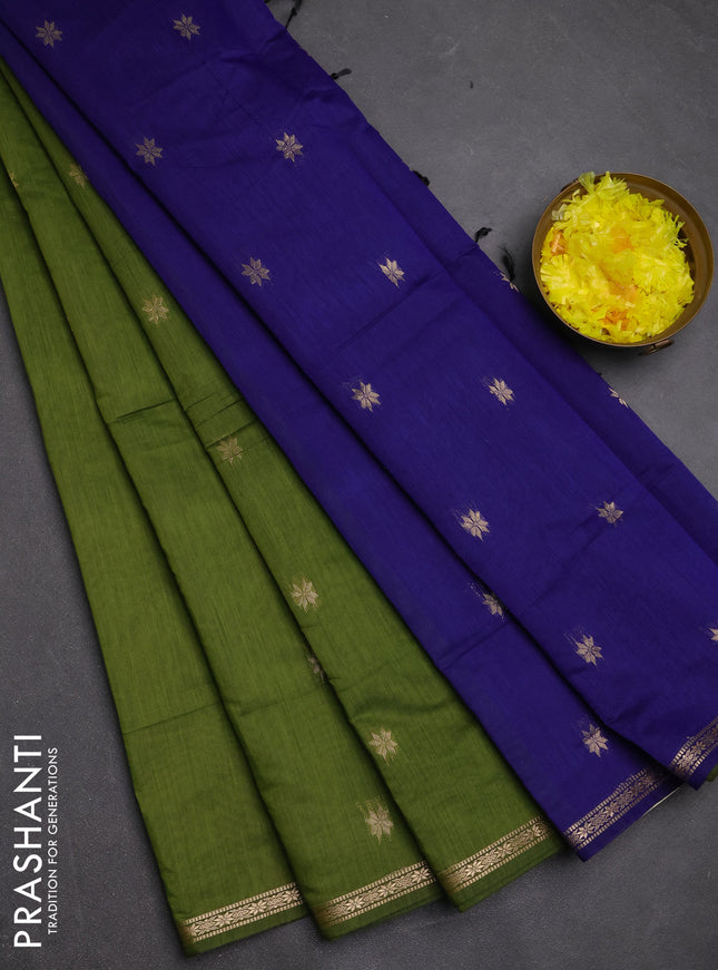 Semi maheswari cotton saree green and blue with zari woven buttas and small zari woven border
