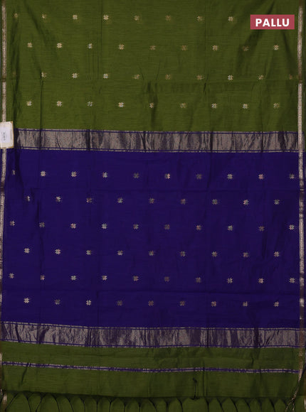 Semi maheswari cotton saree green and blue with zari woven buttas and small zari woven border