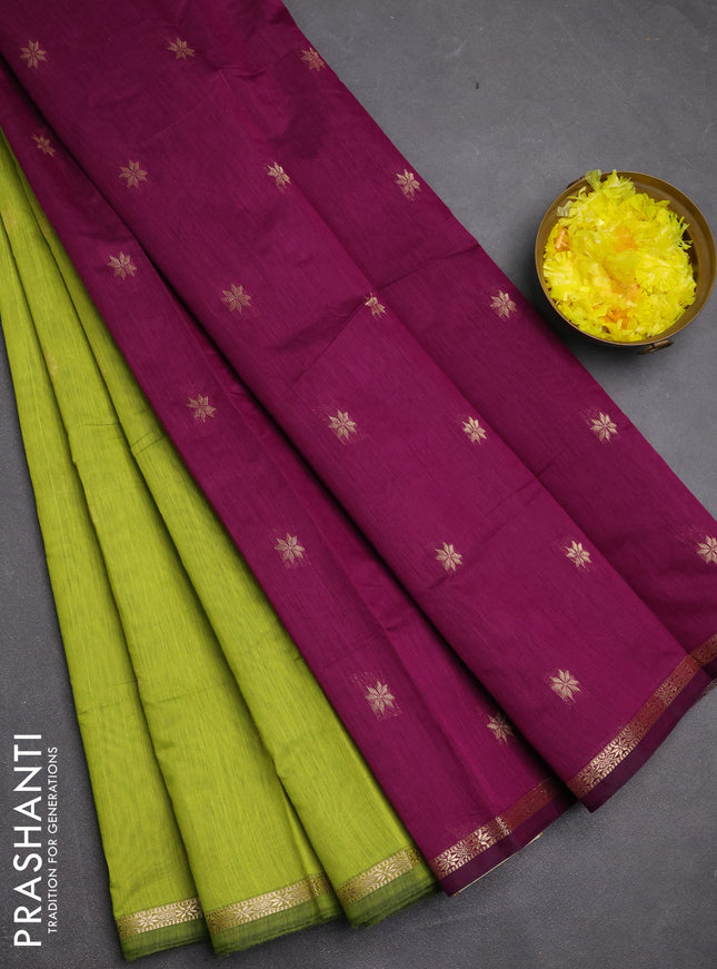 Semi maheswari cotton saree lime green and purple with zari woven buttas and small zari woven border