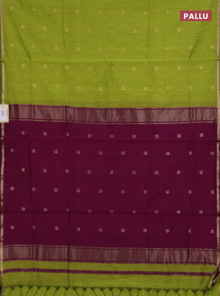 Semi maheswari cotton saree lime green and purple with zari woven buttas and small zari woven border