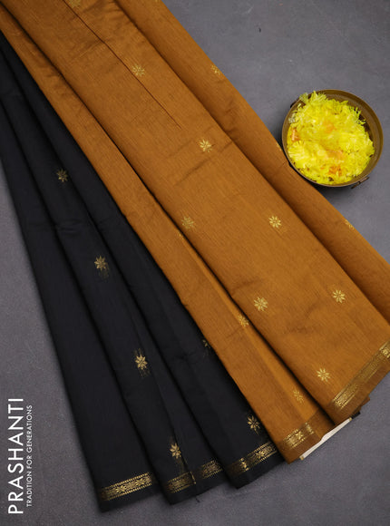 Semi maheswari cotton saree black and dark mustard with zari woven buttas and small zari woven border