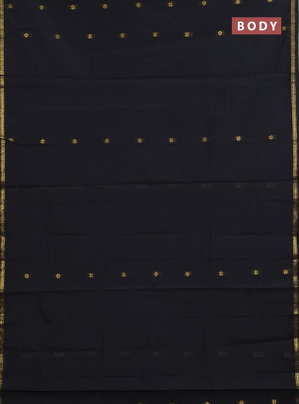 Semi maheswari cotton saree black and dark mustard with zari woven buttas and small zari woven border