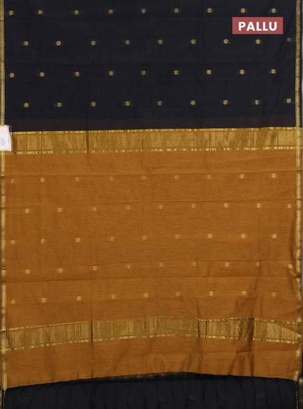 Semi maheswari cotton saree black and dark mustard with zari woven buttas and small zari woven border