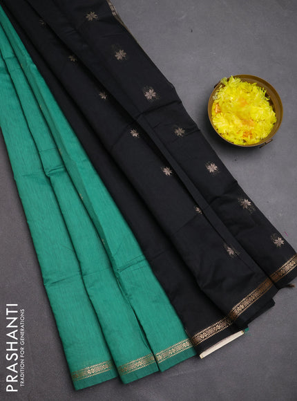 Semi maheswari cotton saree teal green and black with zari woven buttas and small zari woven border