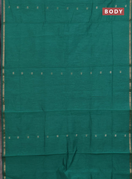 Semi maheswari cotton saree teal green and black with zari woven buttas and small zari woven border