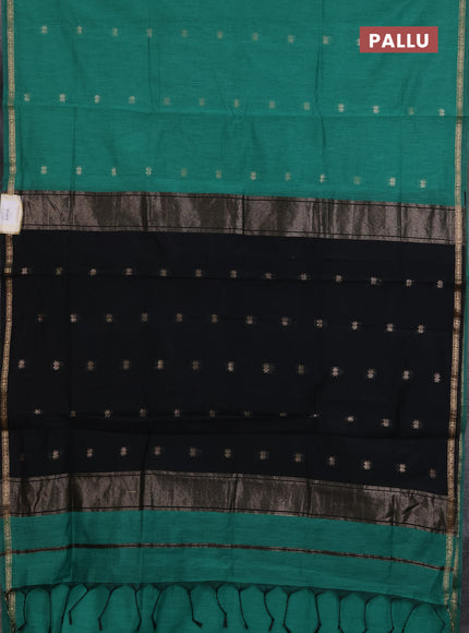 Semi maheswari cotton saree teal green and black with zari woven buttas and small zari woven border