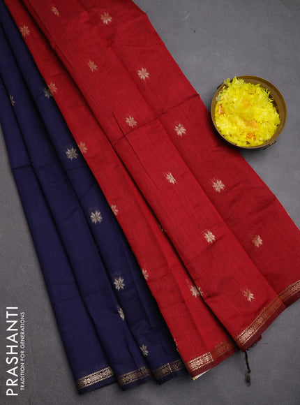 Semi maheswari cotton saree navy blue and maroon with zari woven buttas and small zari woven border