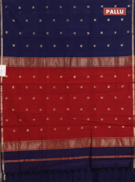 Semi maheswari cotton saree navy blue and maroon with zari woven buttas and small zari woven border