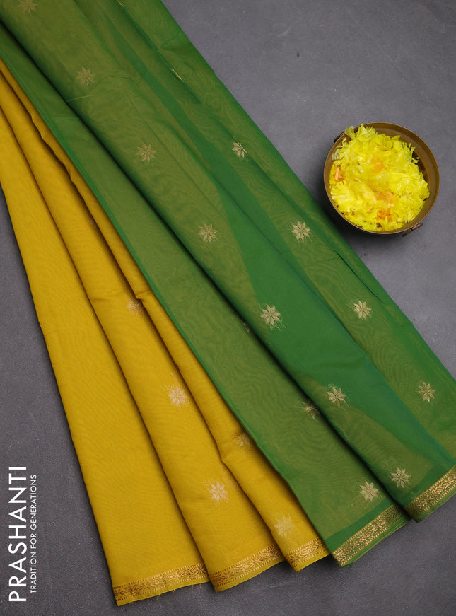 Semi maheswari cotton saree mustard yellow and green with zari woven buttas and small zari woven border