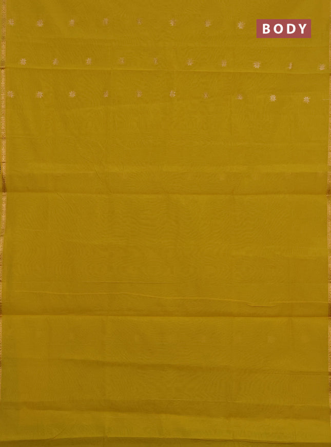 Semi maheswari cotton saree mustard yellow and green with zari woven buttas and small zari woven border