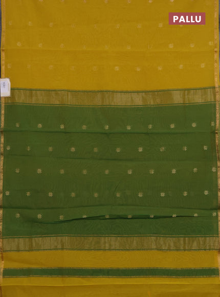 Semi maheswari cotton saree mustard yellow and green with zari woven buttas and small zari woven border
