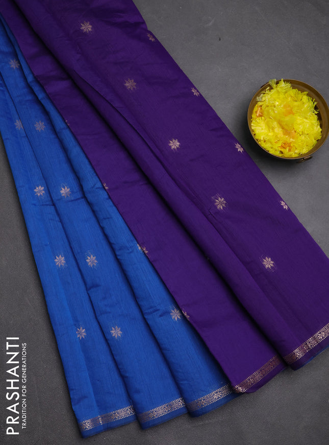 Semi maheswari cotton saree blue and violet with zari woven buttas and small zari woven border