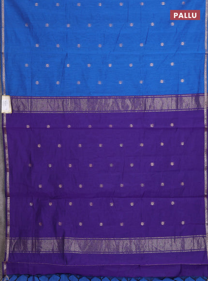 Semi maheswari cotton saree blue and violet with zari woven buttas and small zari woven border