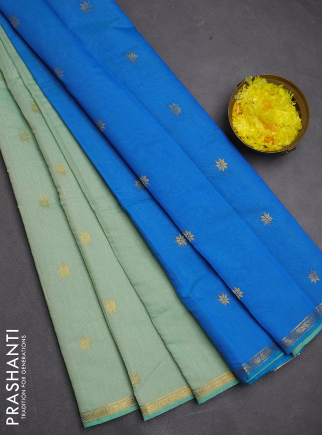 Semi maheswari cotton saree pastel green and cs blue with zari woven buttas and small zari woven border
