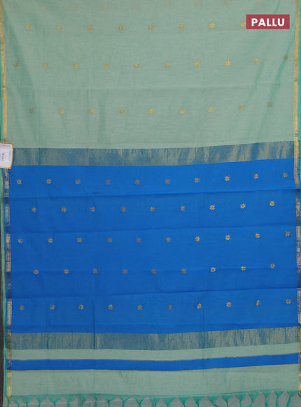 Semi maheswari cotton saree pastel green and cs blue with zari woven buttas and small zari woven border