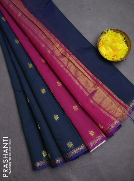 Semi maheswari cotton saree peacock green and magenta pink with zari woven buttas and small zari woven border
