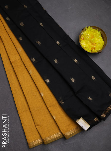 Semi maheswari cotton saree mustard yellow and black with zari woven buttas and small zari woven border