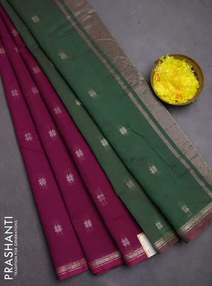 Semi maheswari cotton saree purple and green with zari woven buttas and small zari woven border