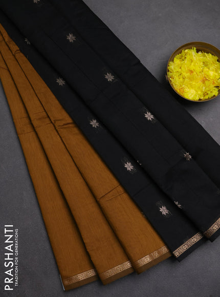 Semi maheswari cotton saree dark mustard yellow and black with zari woven buttas and small zari woven border