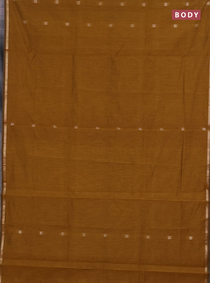 Semi maheswari cotton saree dark mustard yellow and black with zari woven buttas and small zari woven border