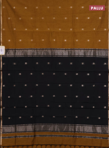 Semi maheswari cotton saree dark mustard yellow and black with zari woven buttas and small zari woven border