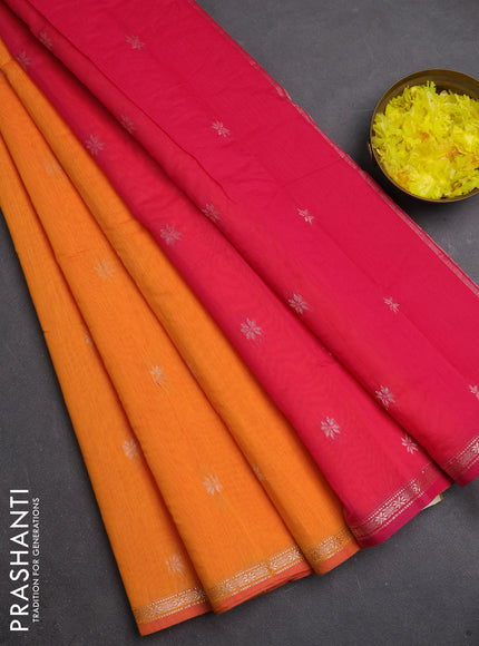 Semi maheswari cotton saree orange and pink with zari woven buttas and small zari woven border