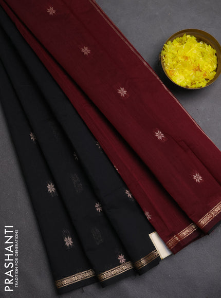 Semi maheswari cotton saree black and maroon with zari woven buttas and small zari woven border