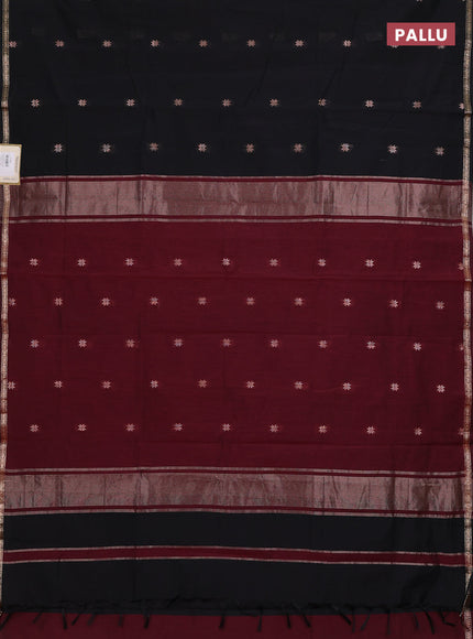 Semi maheswari cotton saree black and maroon with zari woven buttas and small zari woven border