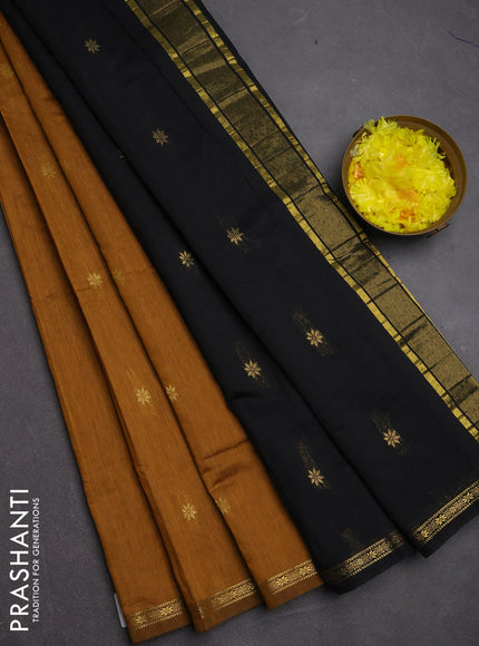 Semi maheswari cotton saree dark mustard yellow and black with zari woven buttas and small zari woven border