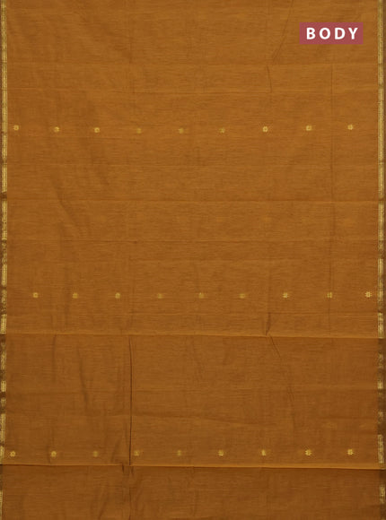 Semi maheswari cotton saree dark mustard yellow and black with zari woven buttas and small zari woven border