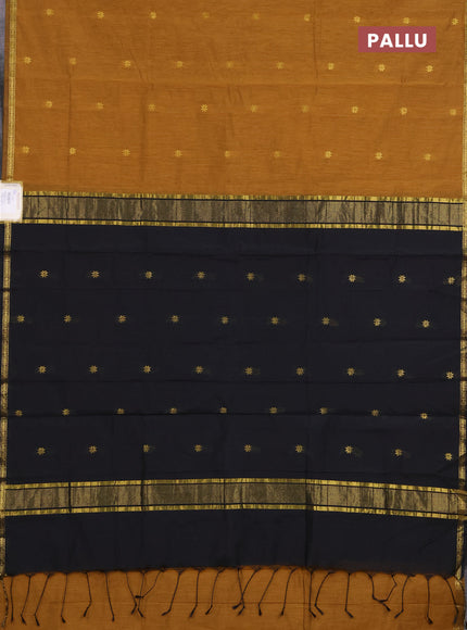 Semi maheswari cotton saree dark mustard yellow and black with zari woven buttas and small zari woven border