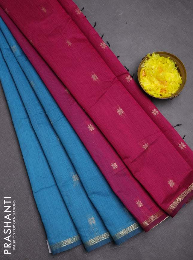 Semi maheswari cotton saree teal blue and magenta pink with zari woven buttas and small zari woven border