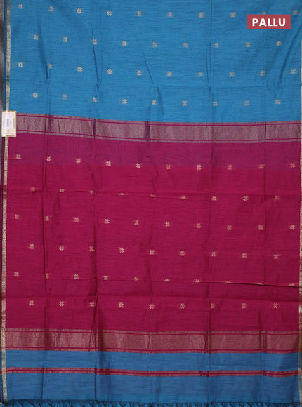 Semi maheswari cotton saree teal blue and magenta pink with zari woven buttas and small zari woven border