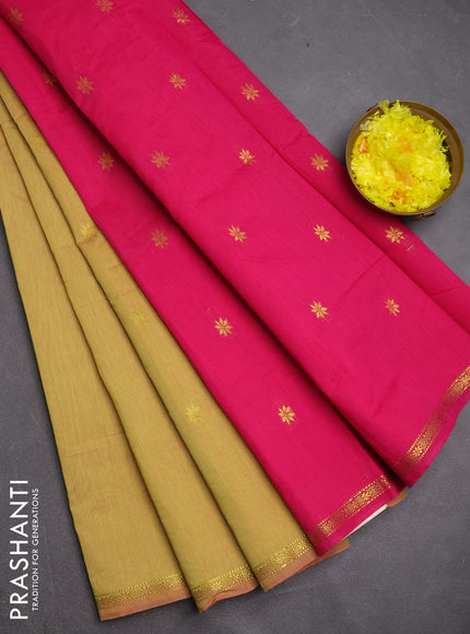 Semi maheswari cotton saree sandal shade and pink with zari woven buttas and small zari woven border