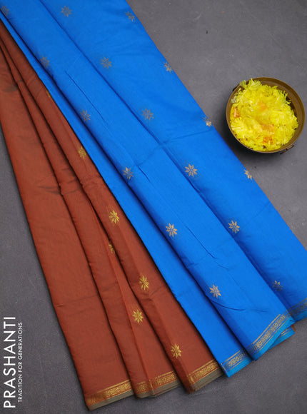 Semi maheswari cotton saree dual shade of brown and cs blue with zari woven buttas and small zari woven border
