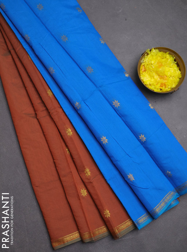 Semi maheswari cotton saree dual shade of brown and cs blue with zari woven buttas and small zari woven border
