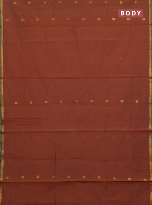 Semi maheswari cotton saree dual shade of brown and cs blue with zari woven buttas and small zari woven border