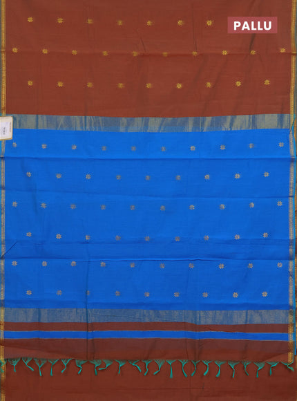 Semi maheswari cotton saree dual shade of brown and cs blue with zari woven buttas and small zari woven border