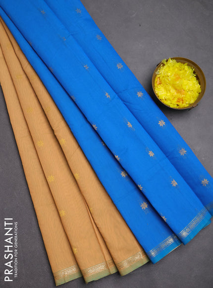Semi maheswari cotton saree peach shade and cs blue with zari woven buttas and small zari woven border