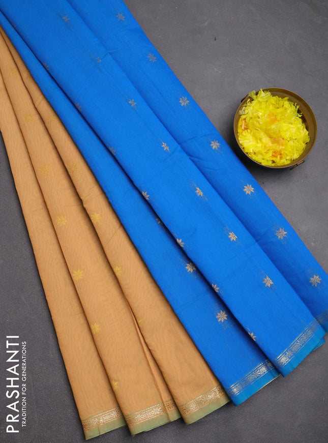 Semi maheswari cotton saree peach shade and cs blue with zari woven buttas and small zari woven border