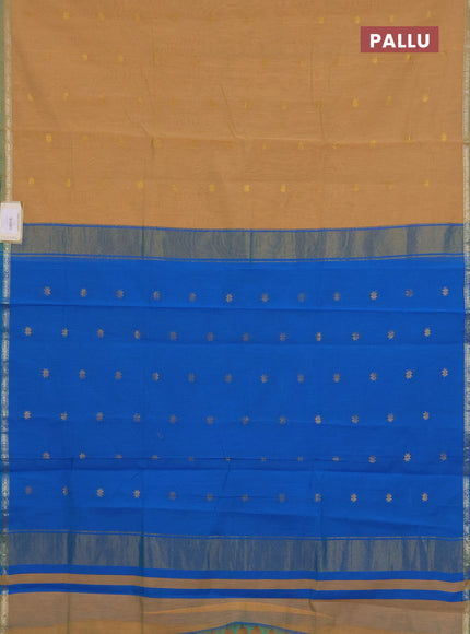 Semi maheswari cotton saree peach shade and cs blue with zari woven buttas and small zari woven border
