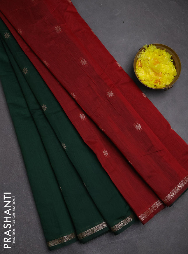 Semi maheswari cotton saree bottle green and maroon  with zari woven buttas and small zari woven border