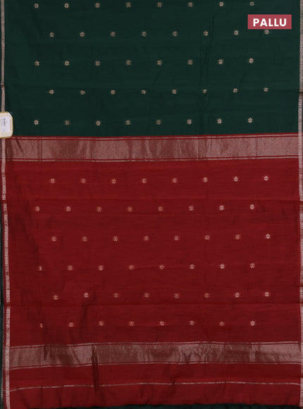 Semi maheswari cotton saree bottle green and maroon  with zari woven buttas and small zari woven border