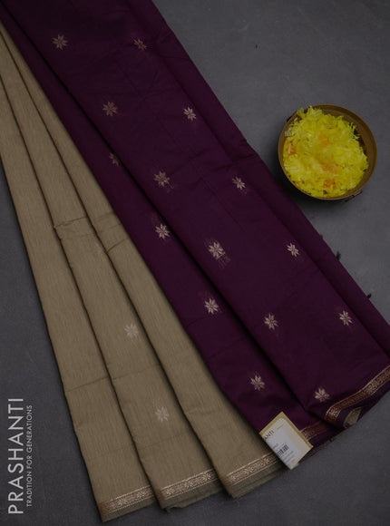 Semi maheswari cotton saree dark beige and purple with zari woven buttas and small zari woven border